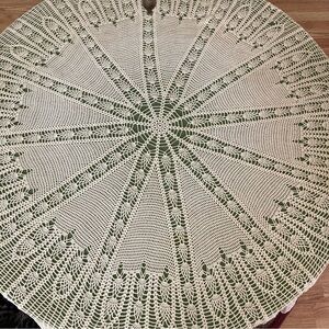 Hand Crocheted Ivory Round Tablecloth - 65 in. Diameter Need Mend Grannycore